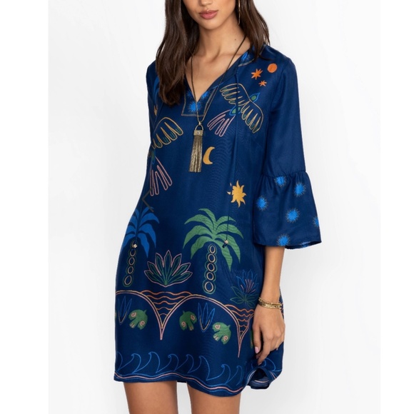 Johnny Was Lorianne Silk Mini Dress Blue SZ L - Picture 1 of 16